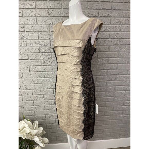 London Times Women  Sleeveless Layered Tan Black Lace Shift Knee Length Dress Si - Picture 3 of 9